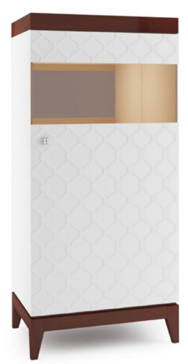 Casa Padrino Luxus Vitrinenschrank Weiß / Hochglanz Braun 61 x 45 x H. 132,8 cm - Beleuchteter Wohnzimmerschrank mit Tür - Wohnzimmermöbel