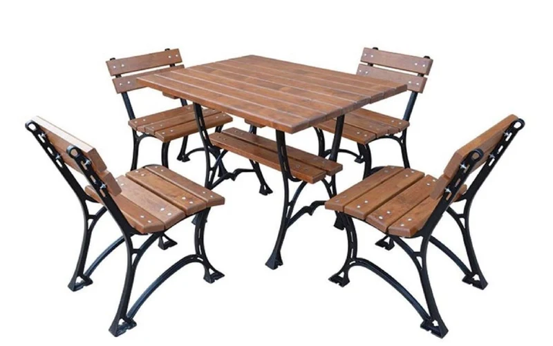 Casa Padrino Jugendstil Gartenmöbel Set Tisch & 4 Stühle Braun / Schwarz 100 cm - Gartenmöbel aus Gusseisen und massivem Erlenholz