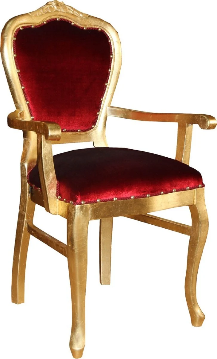 Casa Padrino Luxus Barock Esszimmer Set Bordeauxrot / Gold 60 x 47 x H. 99 cm - 6 handgefertigte Esszimmerstühle mit Armlehnen - Barock Esszimmermöbel