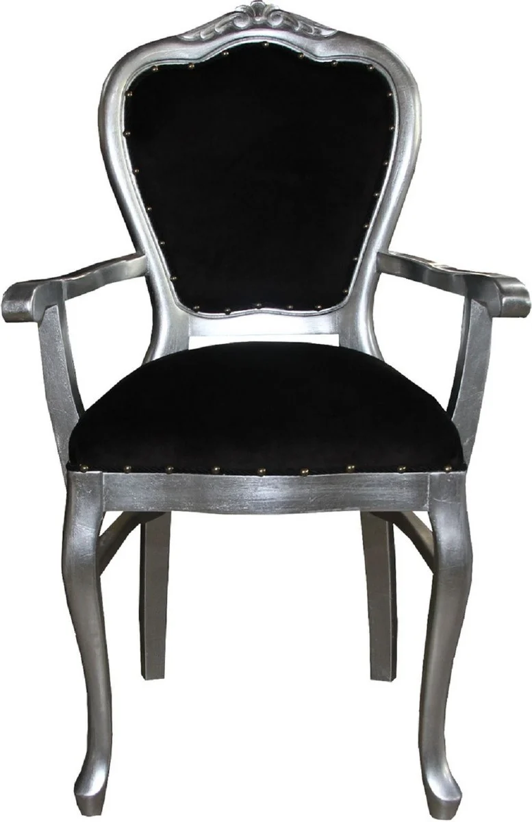 Casa Padrino Luxus Barock Esszimmer Set Schwarz / Silber - 6 handgefertigte Esszimmerstühle - 2 Stühle mit Armlehnen und 4 Stühle ohne Armlehnen - Barock Esszimmermöbel