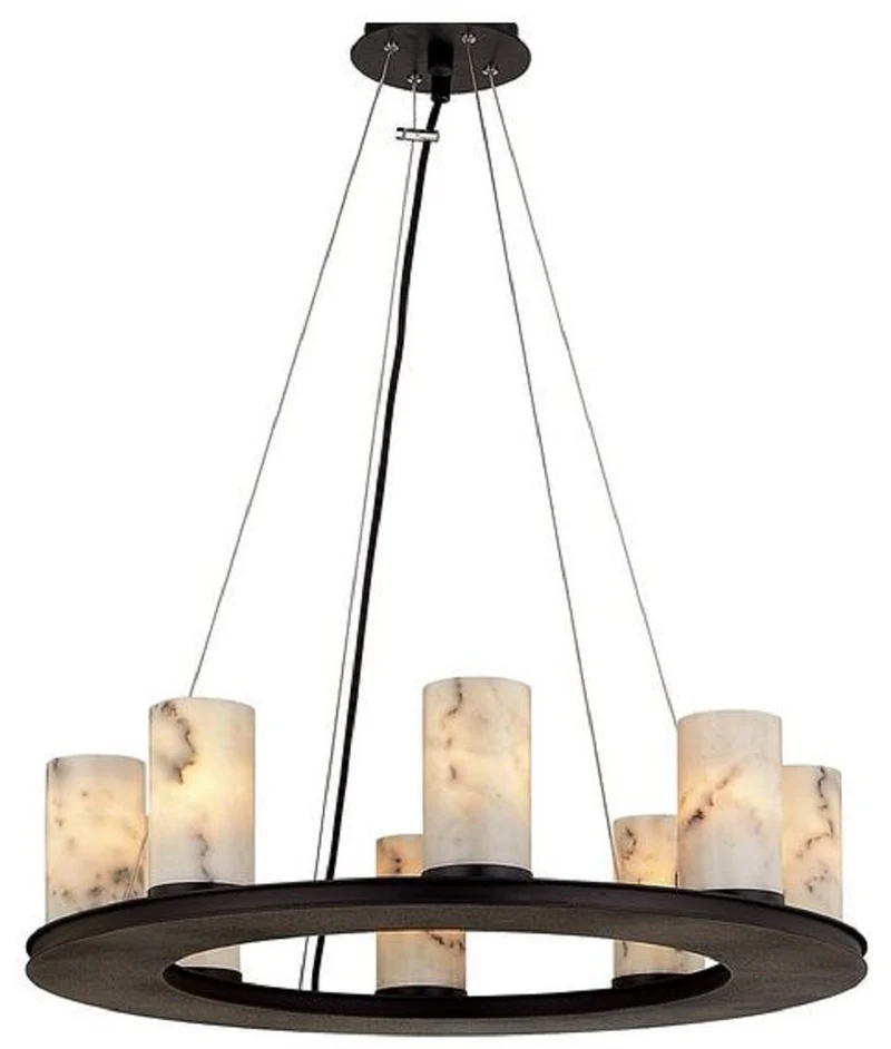 Casa Padrino Luxus Hängeleuchte Schwarz / Weiß Ø 63,5 x H. 19,1 cm - Runde Pendelleuchte mit Marmor Lampenschirmen