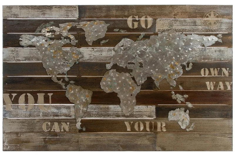 Casa Padrino Luxus Deko Wandbild Weltkarte Mehrfarbig 120 x H. 80 cm - Wanddekoration aus Holz und Metall
