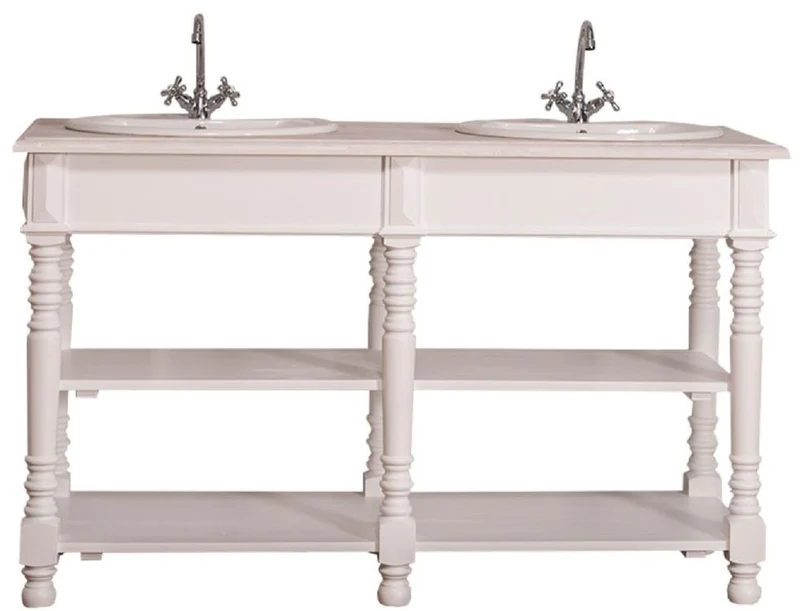 Casa Padrino Landhausstil Doppel Waschbeckenschrank Weiß / Hellgrau 150 x 54 x H. 90 cm - Massivholz Waschtisch - Badezimmermöbel im Landhausstil