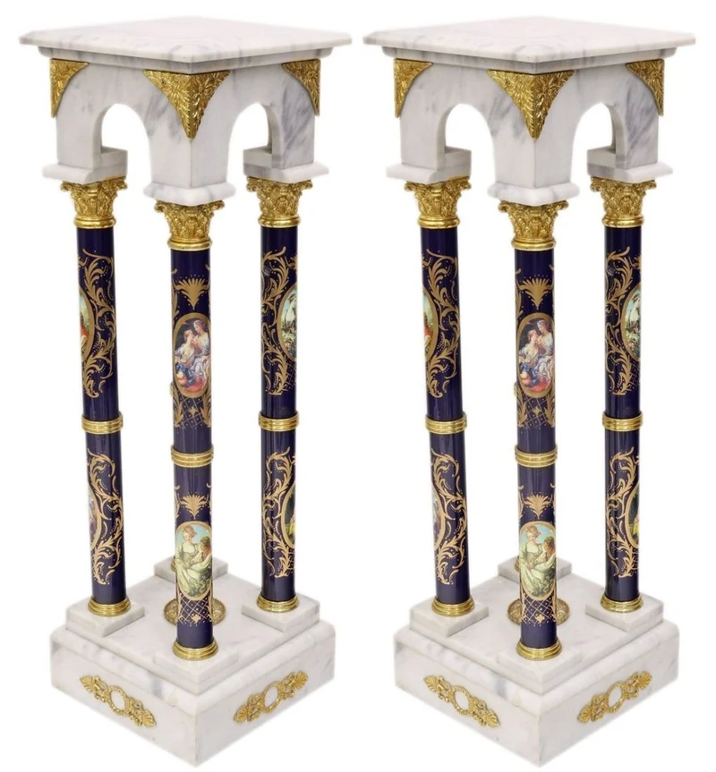 Casa Padrino Barock Marmorsäulen Set Weiß / Dunkelblau / Gold - Elegantes Säulen Set im Barockstil