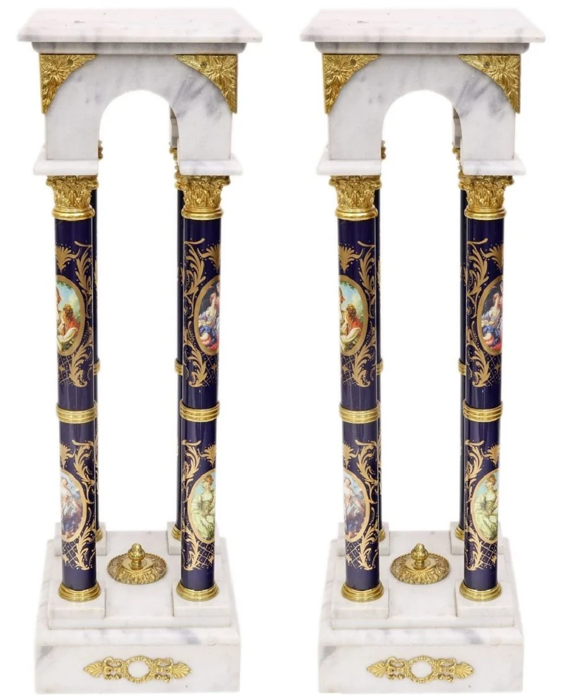 Casa Padrino Barock Marmorsäulen Set Weiß / Dunkelblau / Gold - Elegantes Säulen Set im Barockstil