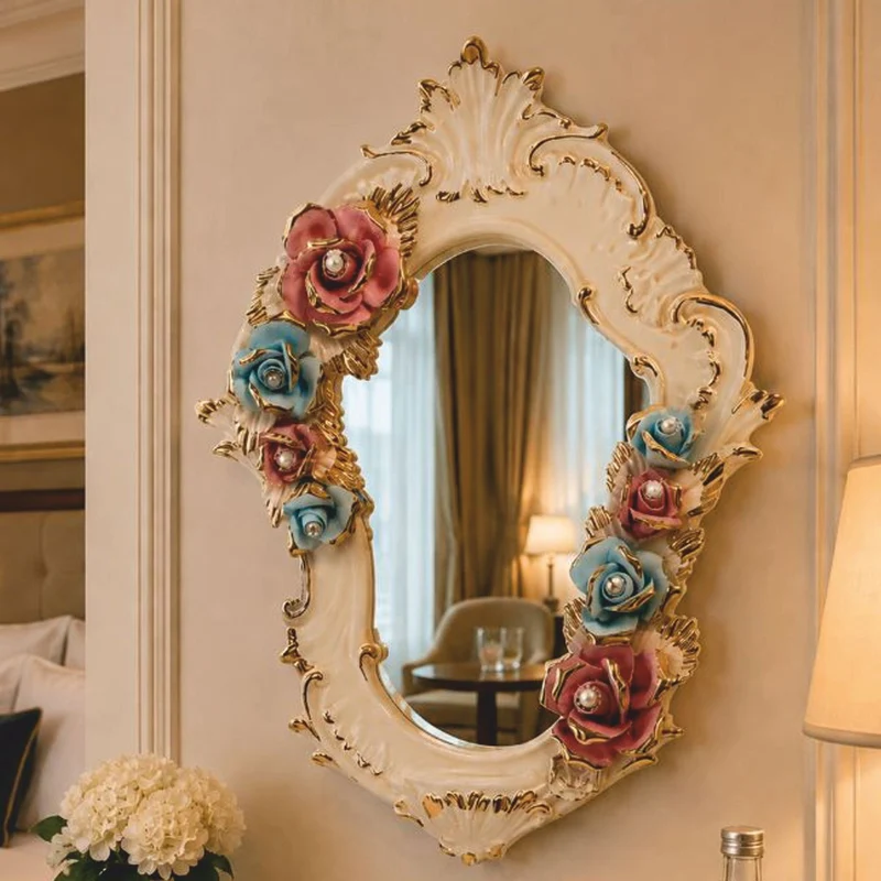 Casa Padrino Luxus Barock Keramik Spiegel Hellbeige / Bunt / Gold H. 55 cm - Made in Italy