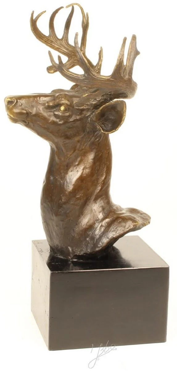 Casa Padrino Luxus Hirschkopf Bronzefigur Bronze / Gold / Grau H. 50 cm - Elegante Dekofigur mit Marmorsockel