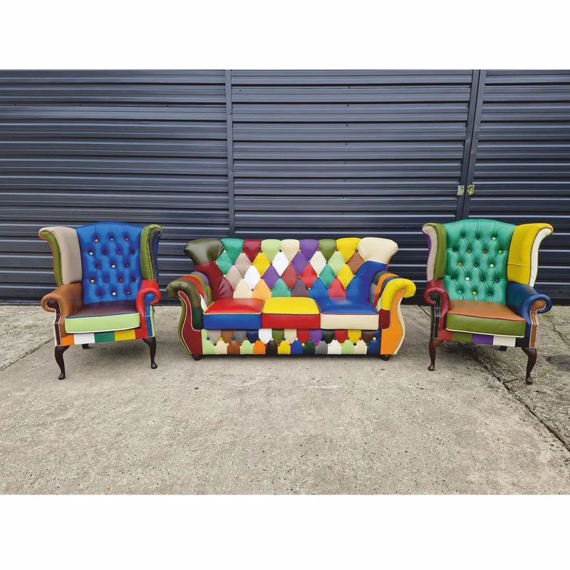 Casa Padrino Luxus Chesterfield Ohrensessel Blau / Bunt / Dunkelbraun - Patchwork Echtleder Möbel