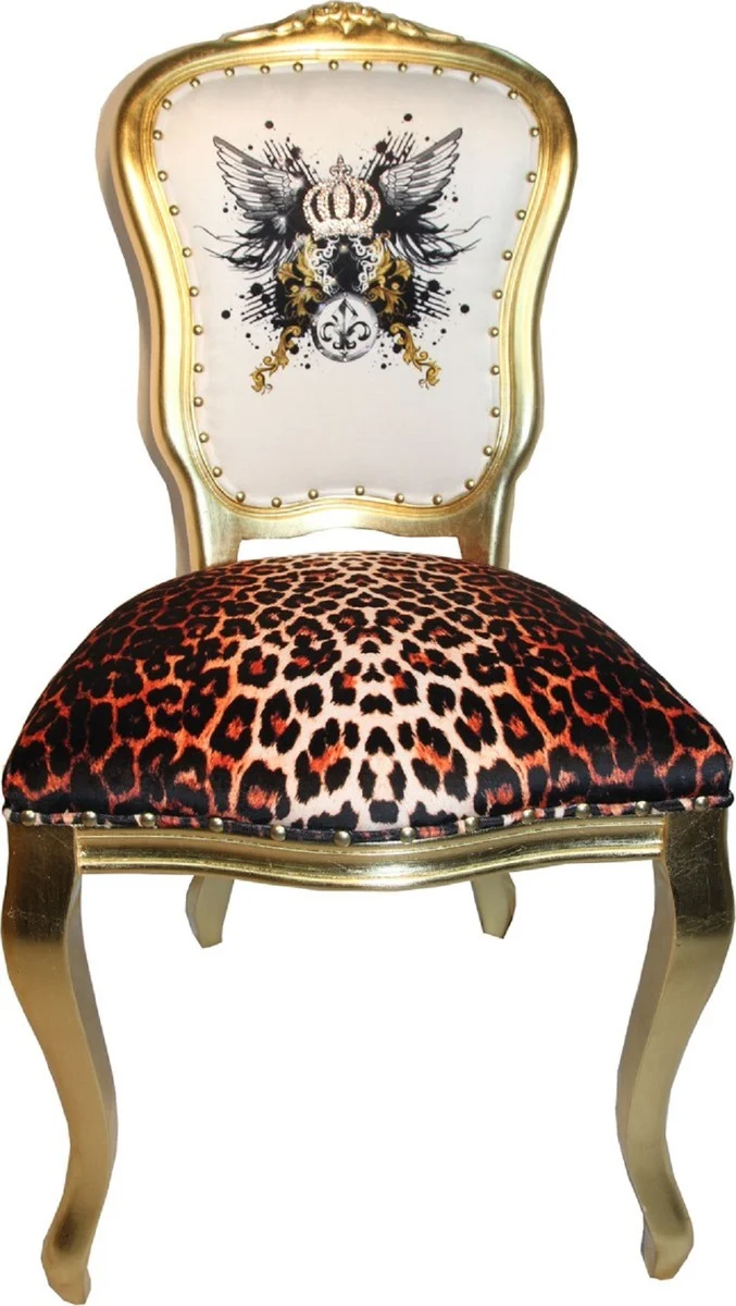 Pompöös by Casa Padrino Luxus Barock Esszimmerstühle Glitzerkrone & Engelsflügel Leopard / Weiß / Gold 50 x 60 x H.104 cm - Pompööse Barock Stühle designed by Harald Glööckler - 6 Esszimmerstühle