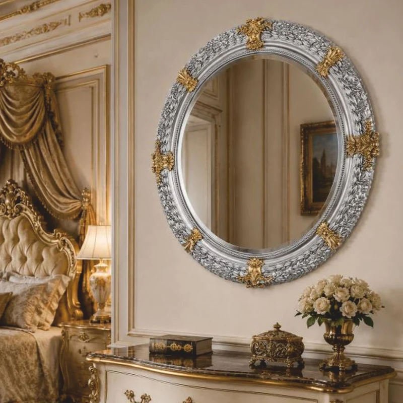 Casa Padrino Luxus Barock Spiegel Silber / Gold Ø 103 cm - Prunkvoller handgeschnitzter Wandspiegel im Barockstil - Luxus Qualität - Made in Italy