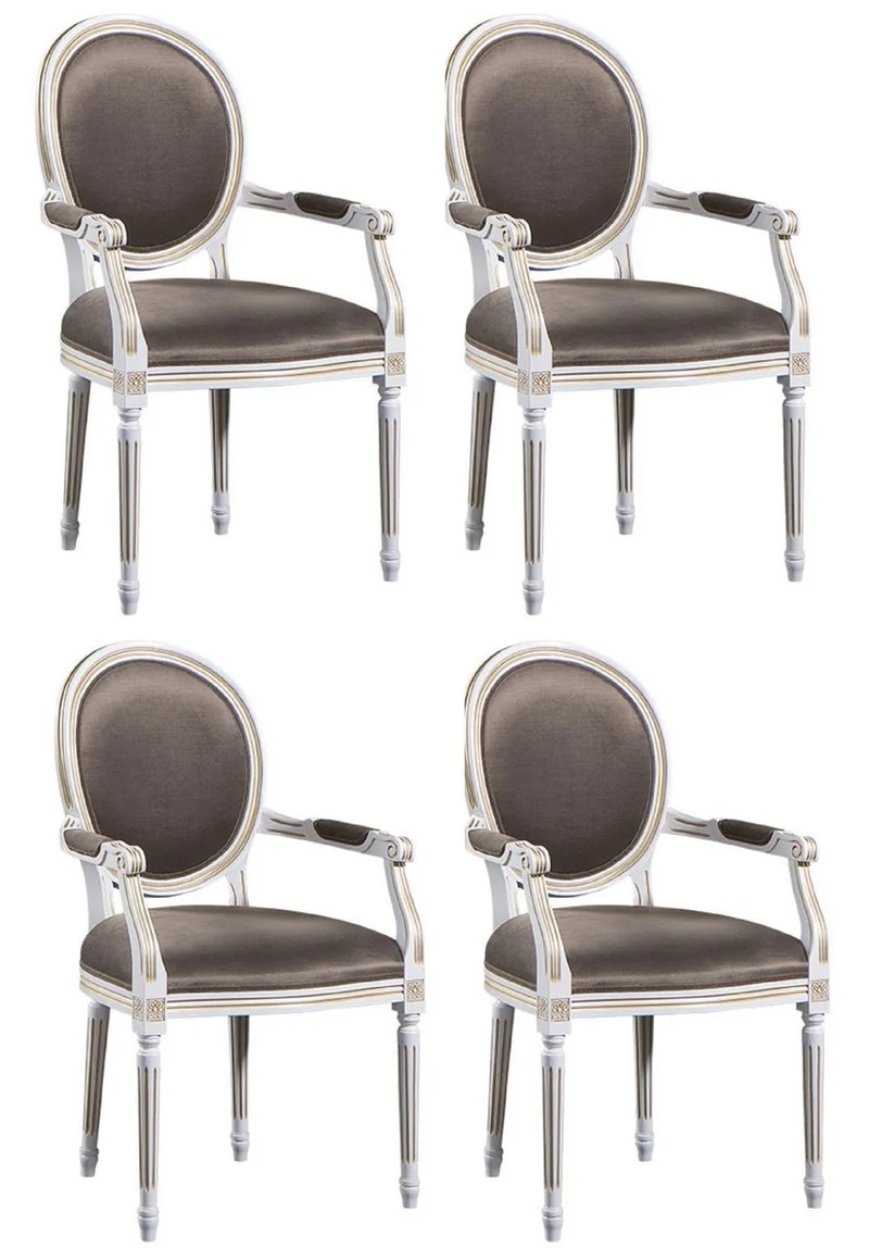 Casa Padrino Luxus Barock Esszimmer Set Weiß / Gold / Grau 59 x 43,5 x H. 98 cm - 4 Esszimmerstühle mit Armlehnen - Esszimmermöbel