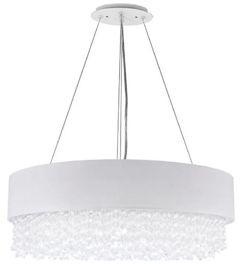 Casa Padrino Kristall Hängeleuchte Silber / Weiß Ø 60 x H. 21 cm - Außergewöhnliche runde Leuchte mit Metallrahmen und Stoffbezug