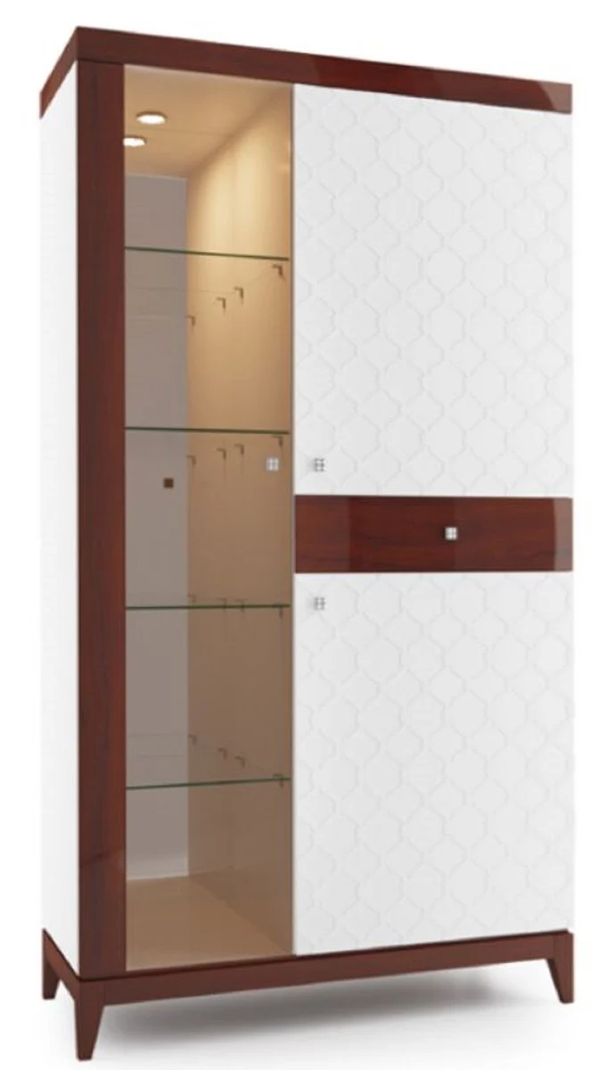 Casa Padrino Luxus Vitrinenschrank Weiß / Hochglanz Braun 111,2 x 45 x H. 205 cm - Beleuchteter Wohnzimmerschrank mit 2 Türen und Schublade - Wohnzimmermöbel