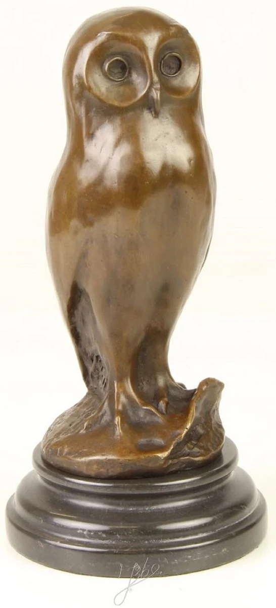 Casa Padrino Luxus Bronzefigur junge Eule mit Marmorsockel Bronze / Schwarz Ø 12,1 x H. 24,7 cm - Luxus Dekofigur