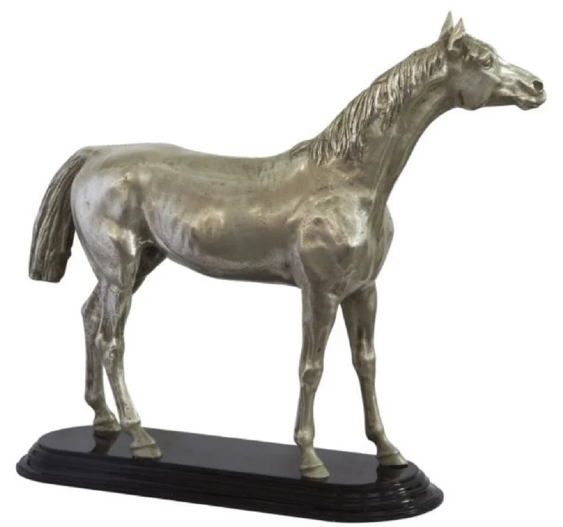 Casa Padrino Luxus Bronze Skulptur Pferd Silber / Schwarz 36 x 13 x H. 32 cm - Versilberte Dekofigur
