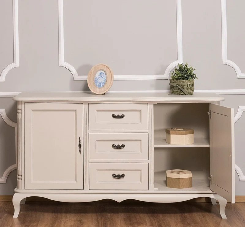 Casa Padrino Landhausstil Sideboard mit 2 Türen und 3 Schubladen Antik Hellgrau 158 x 48 x H. 89 cm - Landhausstil Möbel