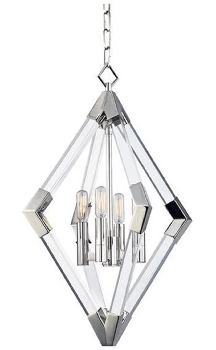Casa Padrino Luxus Hängeleuchte Silber 43,8 x 43,8 x H. 61 cm - Pendelleuchte mit Acryl-Diamantrahmen und Metallakzenten