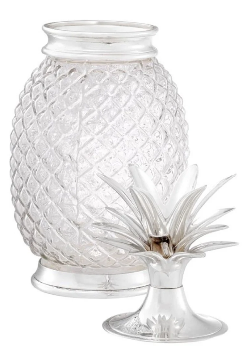 Casa Padrino Luxus Vorratsglas mit Deckel im Ananas Design Silber Ø 16,5 x H. 36,5 cm - Designer Deko Accessoires