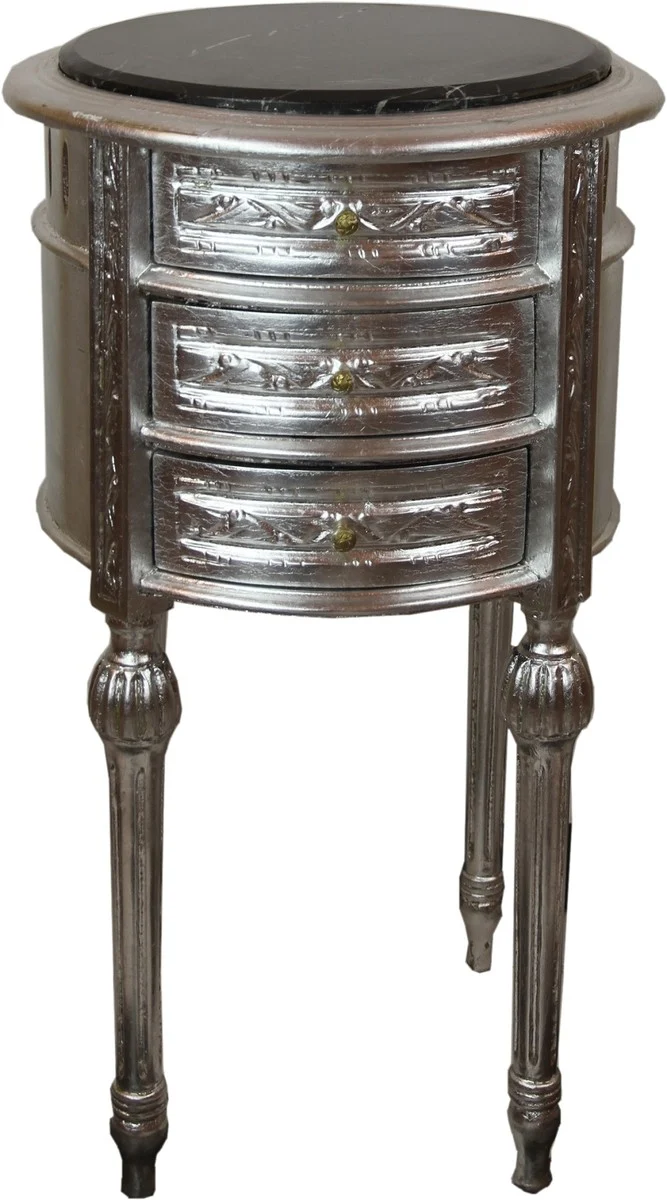 Casa Padrino Barock Beistelltisch mit Marmorplatte Silber / Schwarz Ø 42 x H. 73 cm - Handgefertigte kleine runde Kommode mit 3 Schubladen