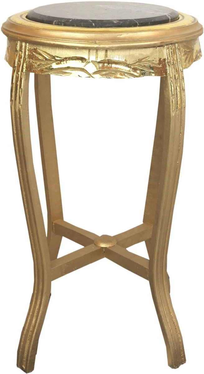 Casa Padrino Barock Beistelltisch mit Marmorplatte Gold / Schwarz Ø 41 x H. 69 cm - Runder handgeschnitzter Antik Stil Telefontisch Blumentisch