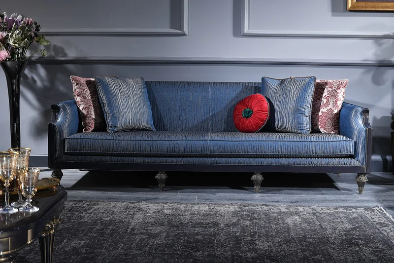Casa Padrino Luxus Barock Sofa Blau / Gold / Schwarz 240 x 88 x H. 85 cm - Barock Wohnzimmermöbel