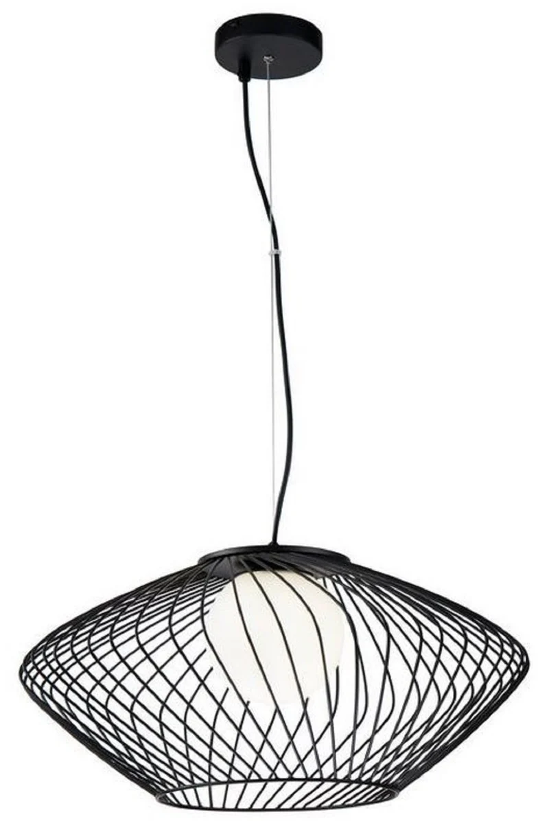 Casa Padrino Luxus Hängeleuchte Schwarz / Weiß Ø 52 x H. 24 cm - Höhenverstellbare Metall Pendelleuchte mit Glas Lampenschirm