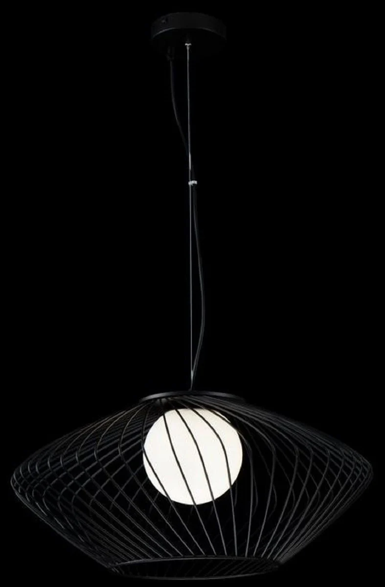 Casa Padrino Luxus Hängeleuchte Schwarz / Weiß Ø 52 x H. 24 cm - Höhenverstellbare Metall Pendelleuchte mit Glas Lampenschirm