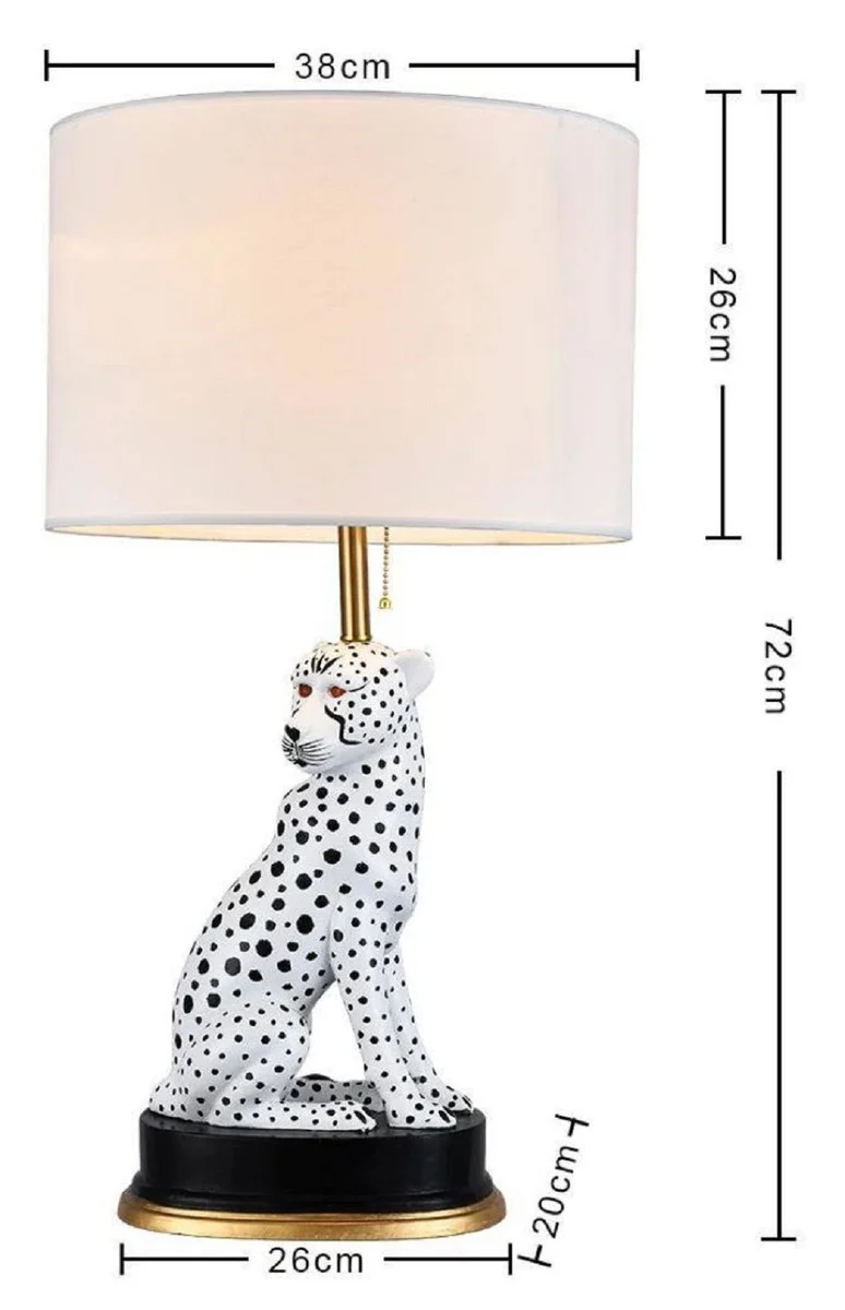 Casa Padrino Luxus Keramik Tischleuchte Puma Katze Weiß / Schwarz / Gold Ø 38 x H. 72 cm - Keramik Schreibtischleuchte mit rundem Lampenschirm - Luxus Keramik Leuchten