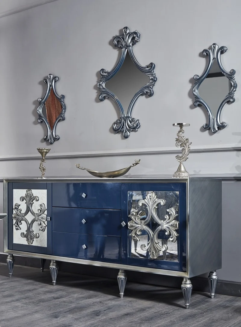 Casa Padrino Luxus Barock Wohnzimmer Set Blau / Silber - Kommode und 3 Spiegel - Barock Wohnzimmermöbel
