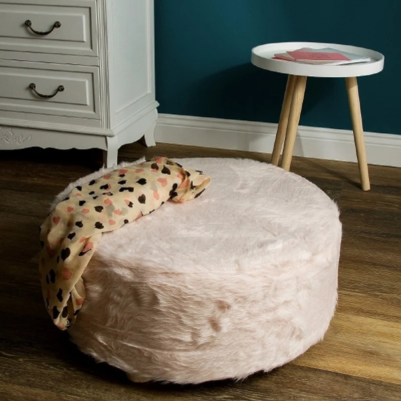 Casa Padrino Designer Fellhocker Rosa Ø 50 x H. 21 cm - Runder Hocker mit Kunstfell