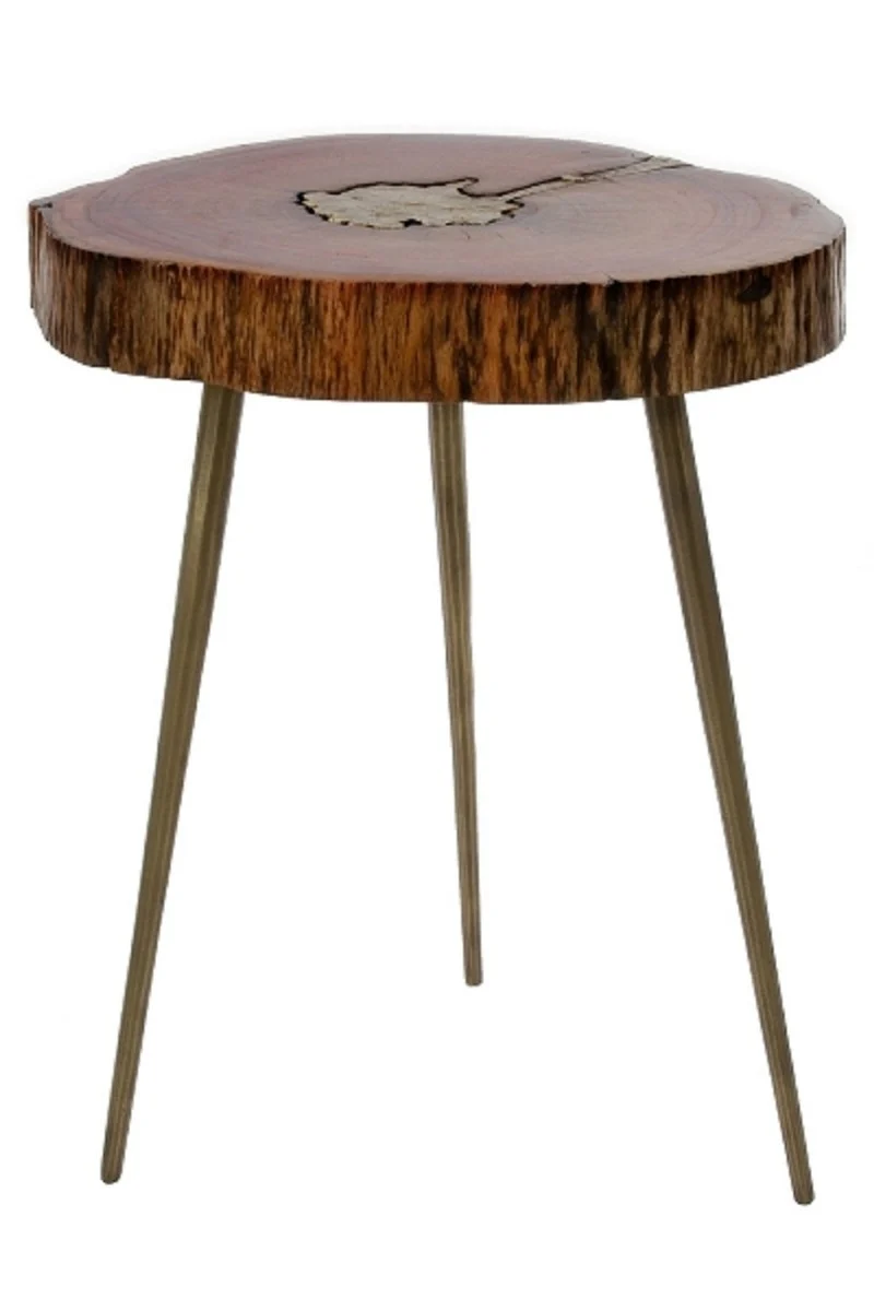 Casa Padrino Luxus Dreibein Beistelltisch Braun / Messingfarben 28 x 36 x H. 46 cm - Moderner Tisch im Baumscheiben Design und Messingfüllung