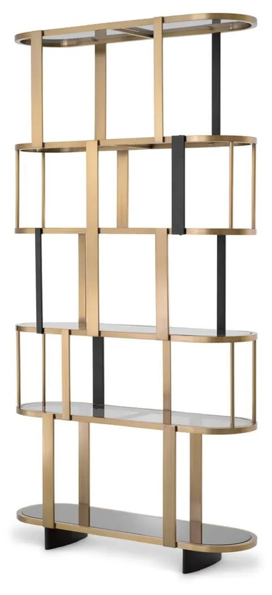 Casa Padrino Luxus Regalschrank Messing / Schwarz / Grau 120 x 38,5 x H. 240 cm - Metall Schrank mit 6 Glasregalen - Wohnzimmer Möbel - Hotel Möbel - Luxus Möbel - Luxus Qualität
