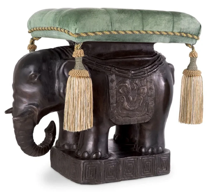 Casa Padrino Luxus Hocker Elefant Bronze / Türkis / Gold 58 x 40 x H. 55 cm - Gepolsterter Aluminium Sitzhocker mit Samtstoff - Luxus Möbel - Luxus Qualität