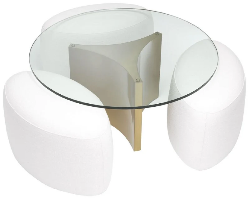 Casa Padrino Luxus Couchtisch Weiß / Antik Messingfarben Ø 104 x H. 46,5 cm - Runder Edelstahl Wohnzimmertisch mit Glasplatte und 3 eleganten Sitzhocker - Wohnzimmer Möbel - Luxus Möbel