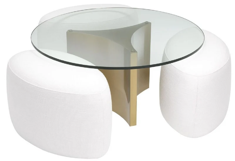 Casa Padrino Luxus Couchtisch Weiß / Antik Messingfarben Ø 104 x H. 46,5 cm - Runder Edelstahl Wohnzimmertisch mit Glasplatte und 3 eleganten Sitzhocker - Wohnzimmer Möbel - Luxus Möbel