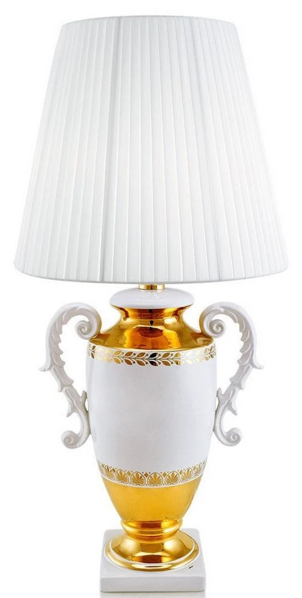 Casa Padrino Barock Tischleuchte mit 2 Tragegriffen Weiß / Gold Ø 40 x H. 78 cm - Keramik Lampe im Barockstil - Luxus Qualität