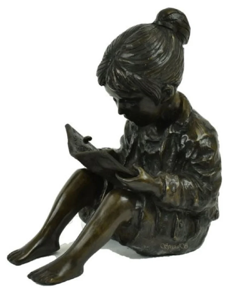 Casa Padrino Luxus Bronzefigur sitzendes Mädchen mit Buch Bronze / Schwarz 19 x 27 x H. 30 cm - Bronze Skulptur - Dekofigur - Deko Accessoires