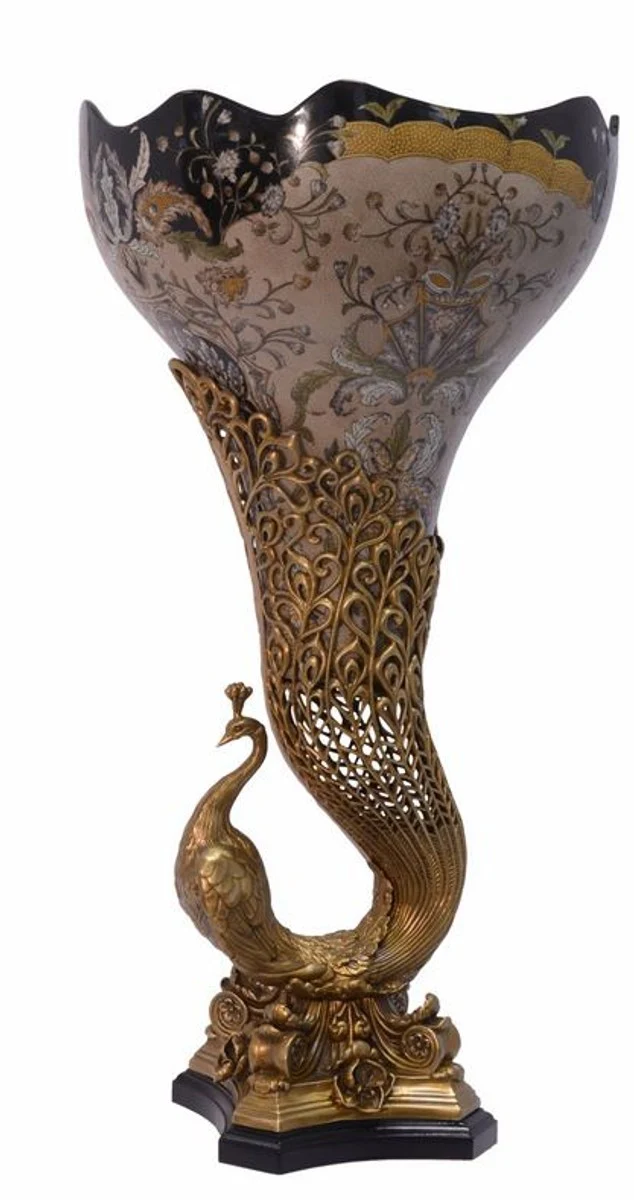 Casa Padrino Jugendstil Vase Pfau Messing / Porzellan 37.5 x H 72 cm - Barock Rokoko Home Deko