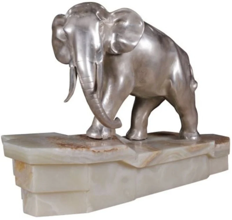 Casa Padrino Luxus Bronzefigur Elefant auf Marmorsockel Silber / Weiß 44 x 19 x H. 30 cm - Luxus Qualität