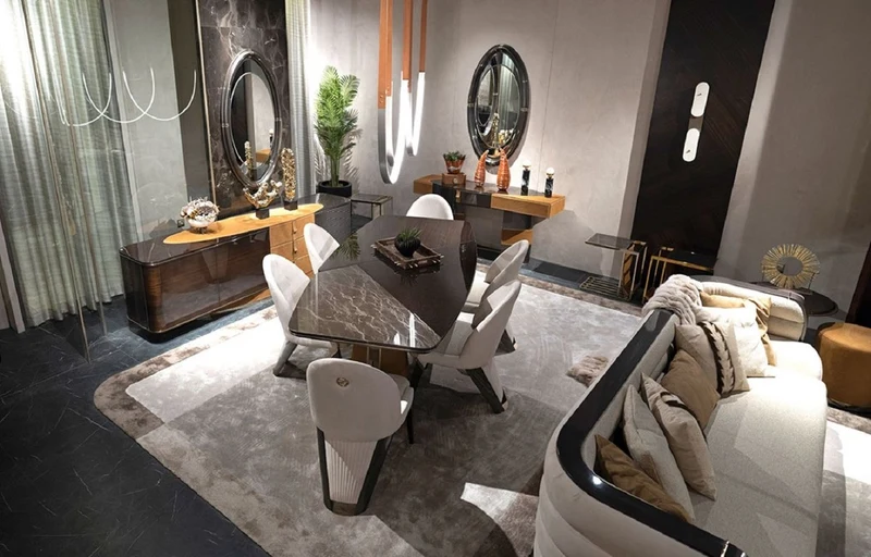 Casa Padrino Luxus Esszimmer Set Dunkelbraun / Creme / Grau / Hellbraun / Gold - 1 Luxus Esstisch & 6 Luxus Esszimmerstühle - Esszimmer Möbel - Luxus Möbel - Luxus Einrichtung