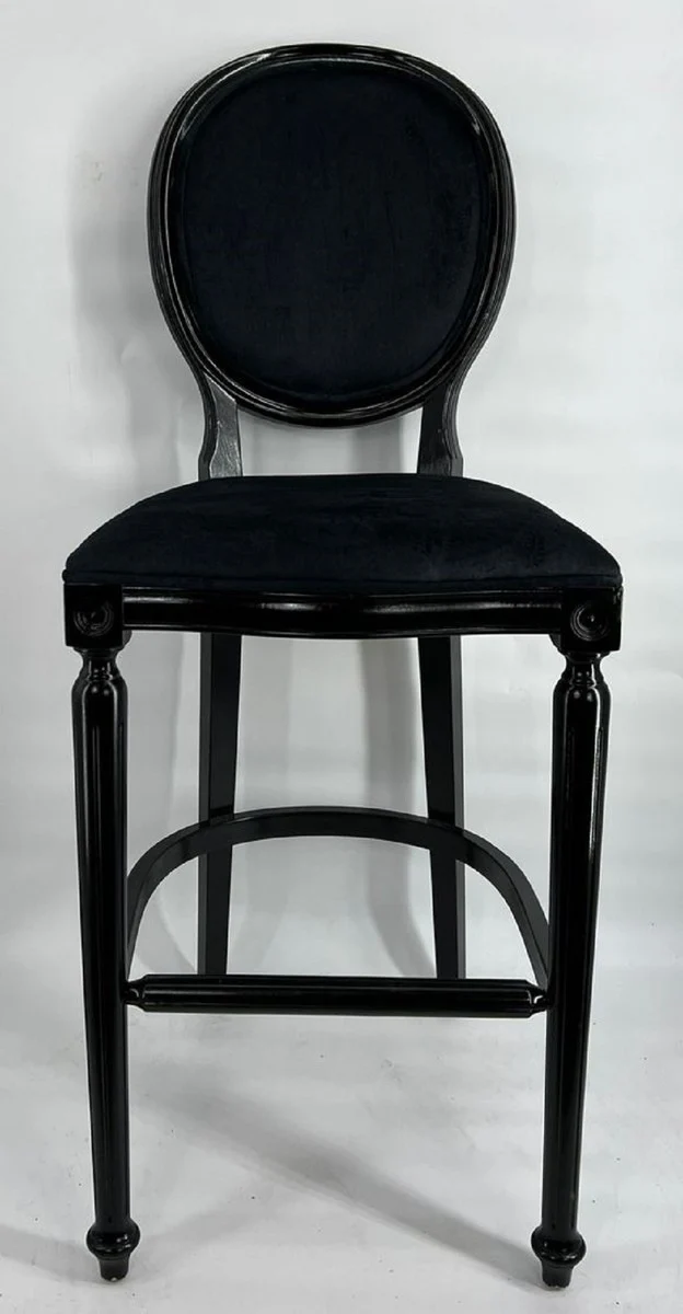 Casa Padrino Barock Barstuhl Schwarz - Handgefertigter Massivholz Barhocker mit edlem Samtstoff - Barock Bar Möbel - Edel & Prunkvoll