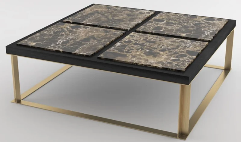 Casa Padrino Luxus Couchtisch Schwarz / Braun / Messingfarben 123 x 123 x H. 40 cm - Moderner quadratischer Wohnzimmertisch mit 4 Marmorplatten - Luxus Wohnzimmer Möbel