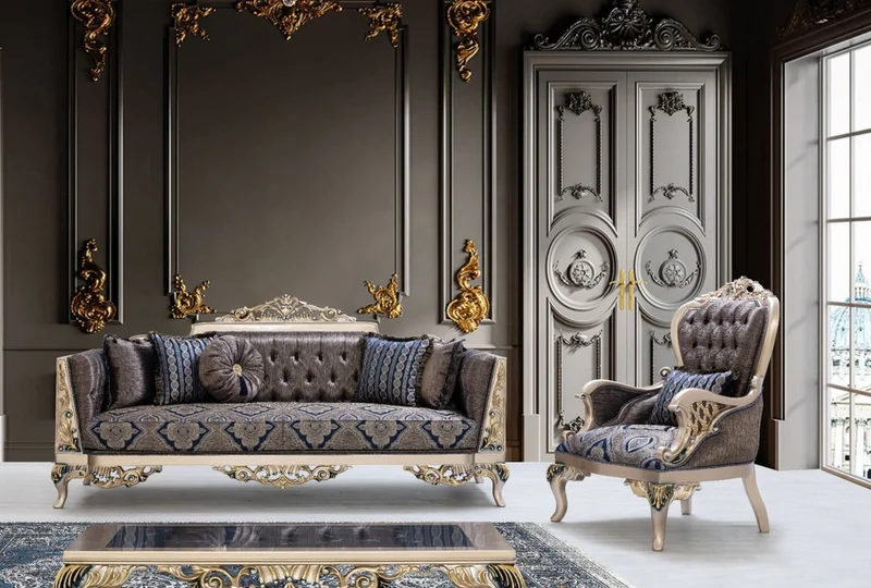 Casa Padrino Luxus Barock Sessel mit dekorativem Kissen Blau / Silber / Gold 81 x 85 x H. 119 cm - Barock Wohnzimmer Sessel - Barock Möbel