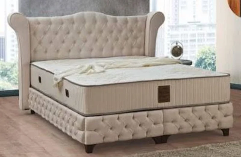 Casa Padrino Barock Doppelbett Beige / Schwarz - Edles Samt Bett mit Matratze - Schlafzimmer Möbel im Barockstil