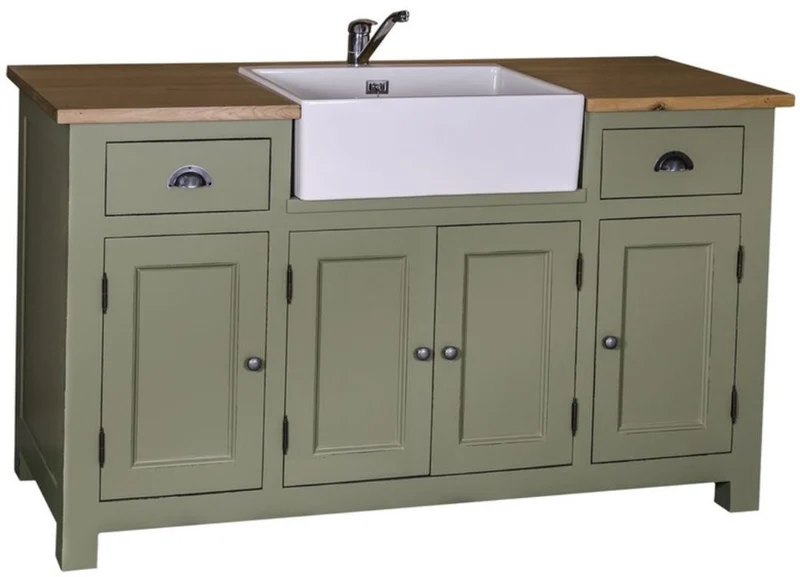 Casa Padrino Landhausstil Waschbeckenschrank Grün / Naturfarben 155 x 65 x H. 90 cm - Waschtisch mit 4 Türen und 2 Schubladen