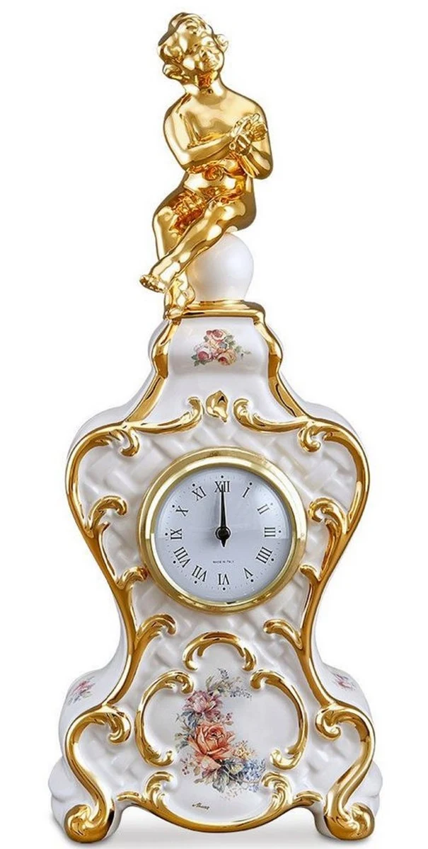 Casa Padrino Barock Tischuhr Weiß / Gold / Mehrfarbig 17 x 12 x H. 40 cm - Barock Deko Accessoires
