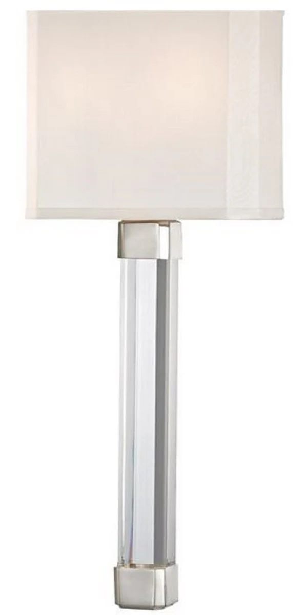 Casa Padrino Luxus Wandleuchte Silber / Weiß 22,9 x 10,2 x H. 54,6 cm - Moderne Wandlampe mit Kristallglas und Seiden Lampenschirm