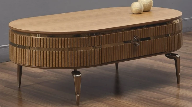 Casa Padrino Luxus Art Deco Couchtisch Hellbraun / Gold 120 x 67 x H. 42 cm - Ovaler Wohnzimmertisch mit Schublade - Wohnzimmer Möbel - Art Deco Möbel - Luxus Möbel