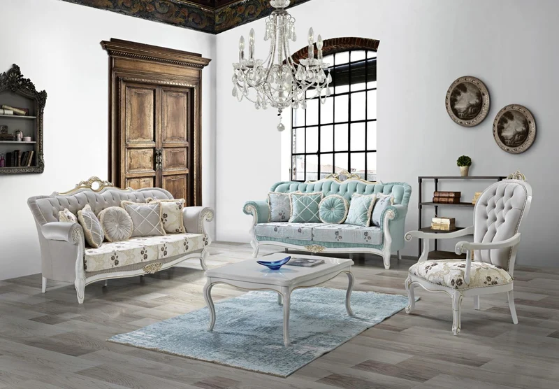Casa Padrino Barock Wohnzimmer Sofa mit Glitzersteinen und Blumenmuster Hellgrau / Creme / Beige / Weiß / Gold 215 x 80 x H. 120 cm - Barock Möbel