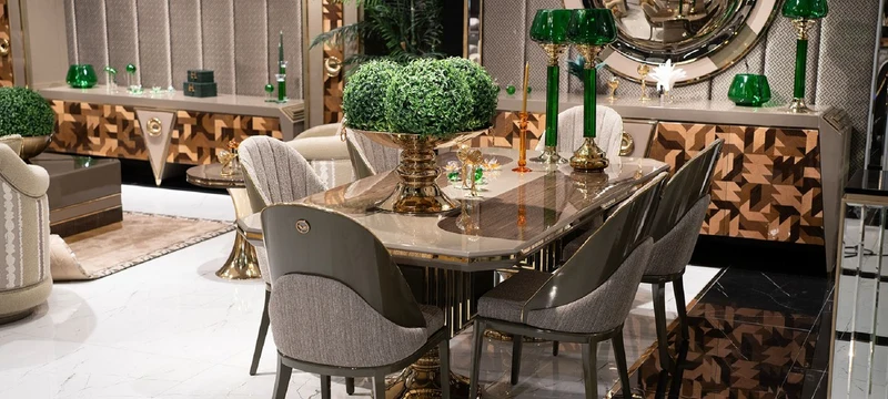 Casa Padrino Luxus Esszimmer Set Grau / Braun / Gold - 1 Luxus Esstisch & 6 Luxus Esszimmerstühle - Luxus Esszimmer Möbel